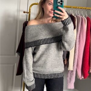Gray Off-Shoulder Sweater with Black Trim